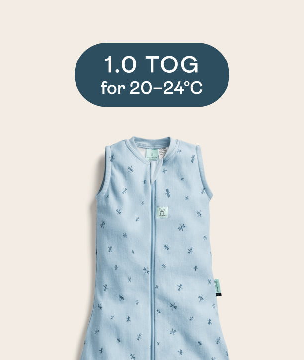 ergoPouch baby sleeping bag with 1.0 TOG rating, ideal for 20-24°C room temperature.