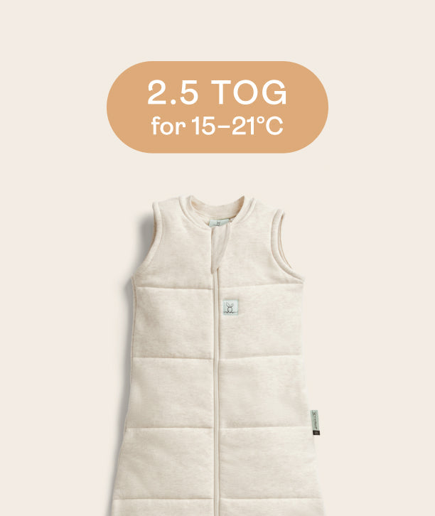ergoPouch sleep bag for babies with 2.5 TOG rating, ideal for 15-21°C room temperature.