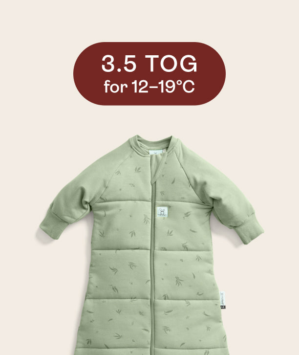 ergoPouch baby sleep bag with 3.5 TOG rating, ideal for 12-19°C room temperature.