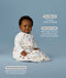 Baby in a white sleeping bag with text about its features on a light blue background