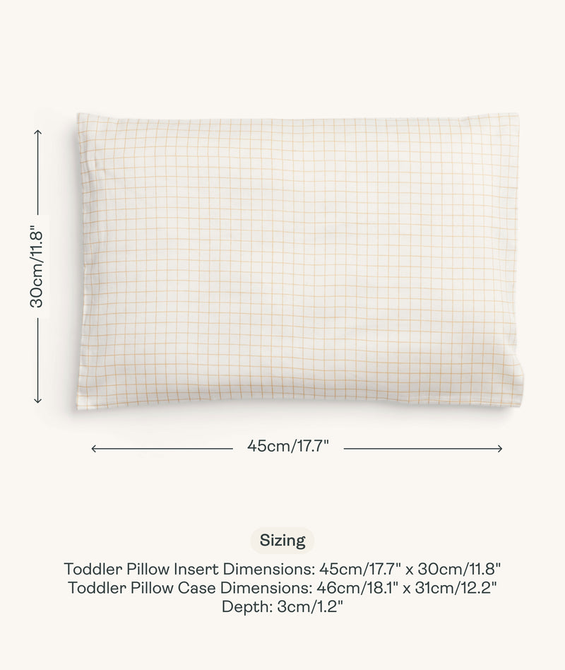 Sizing dimensions for ergoPouch Organic Toddler Pillow Case Caramel Grid