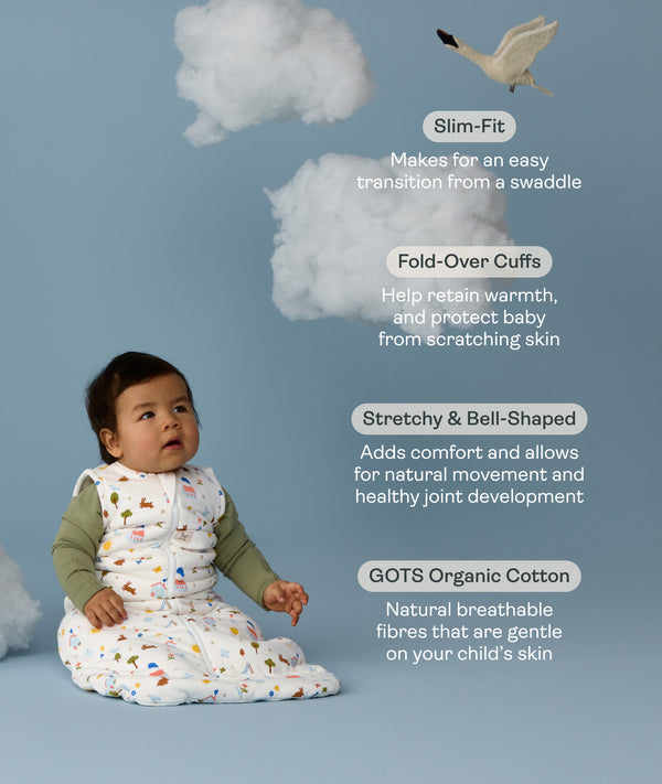 Baby in a white sleeping bag with text about its features on a light blue background