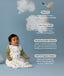 Baby in a white sleeping bag with text about its features on a light blue background