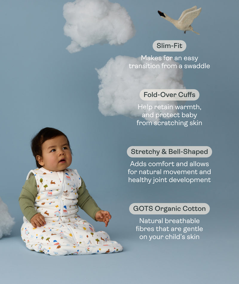 Baby in a white sleeping bag with text about its features on a light blue background