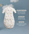 A white sleeping bag with text about its features on a light blue background