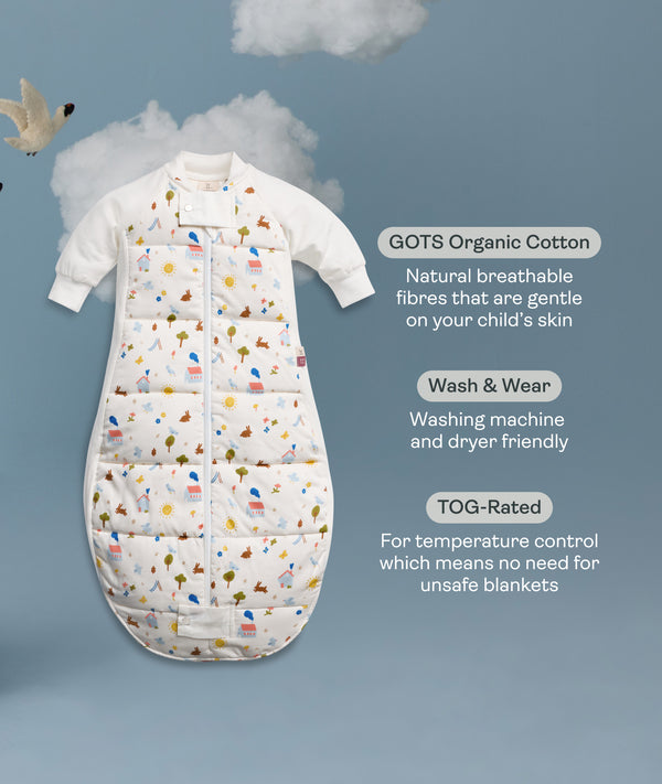 A white sleeping bag with text about its features on a light blue background