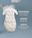 A white sleeping bag with text about its features on a light blue background