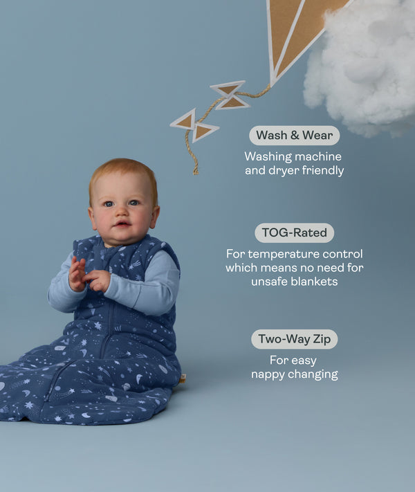 Baby in a blue sleeping bag with text about its features on a light blue background