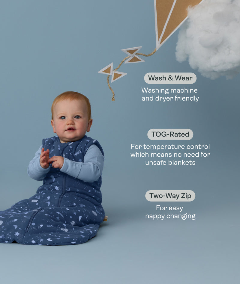 Baby in a blue sleeping bag with text about its features on a light blue background