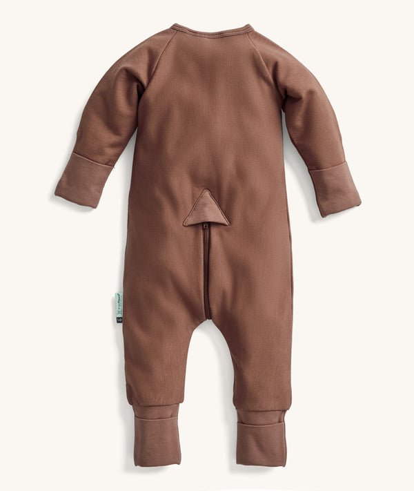 Back view of the ergoPouch Long Sleeve Layer in Cocoa, featuring a unique zip system for easy nappy changes and dressing.