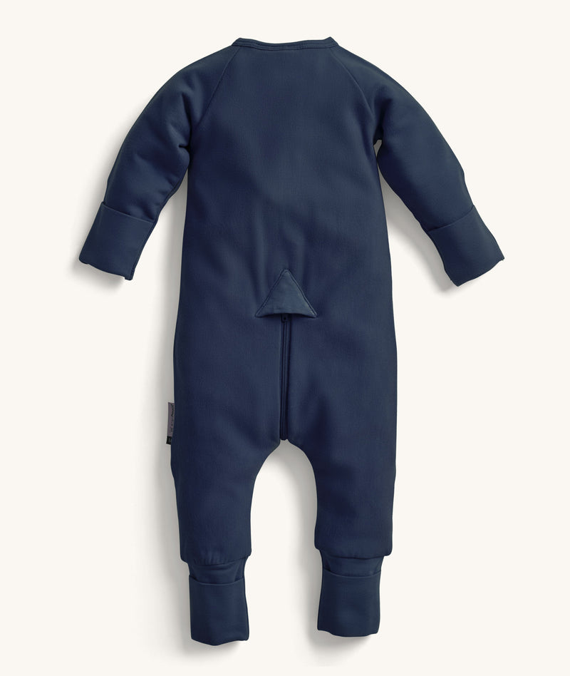 Back view of the ergoPouch  Long Sleeve Layer in Ink, featuring a unique zip system and fold over hand and foot cuffs.