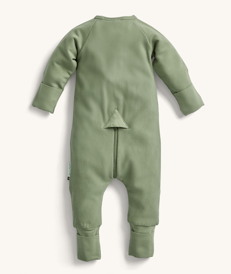 Back view of the ergoPouch Long Sleeve Layer 2.0 TOG in Moss, featuring a unique zip system for easy nappy changes and dressing.