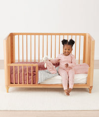 Quilted Coverlet 3.5 TOG Rosy Gingham toddler sitting in bed