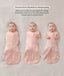 Three side-by-side images showing a baby demonstrating how to transition an ergoPouch Cocoon Swaddle Bag into an arms-out sleeping bag.