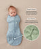 Newborn baby being swaddled in ergoPouch Cocoon Swaddle Bag Dragonflies with text highlighting organic cotton and two-way zip features and a close-up inset of the dual zippers.