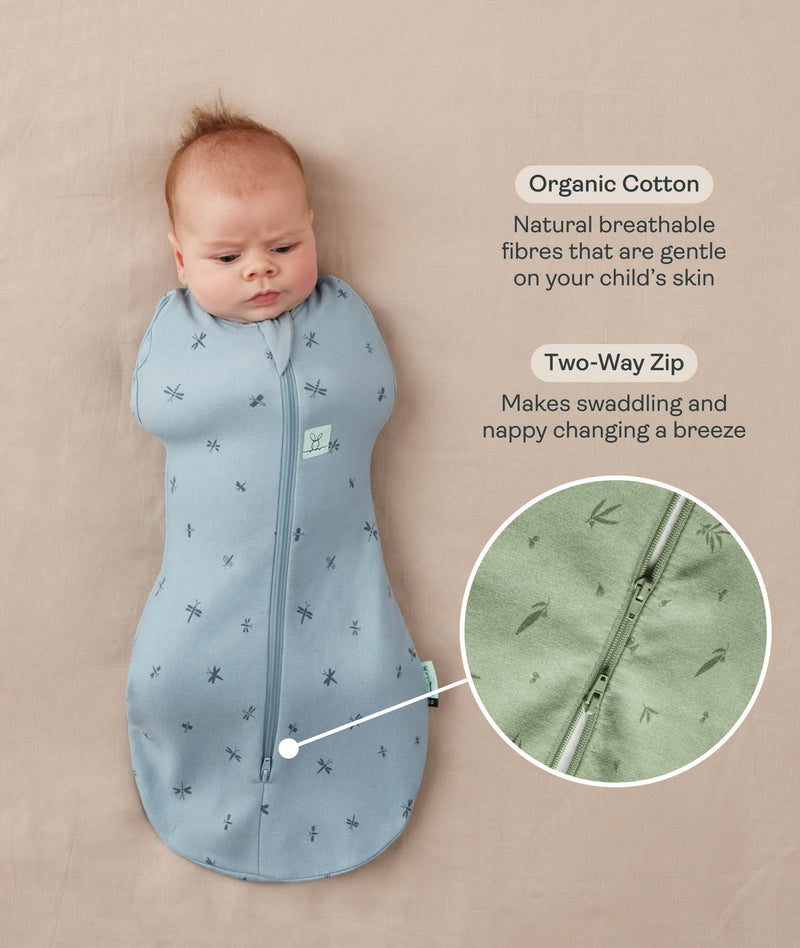 Newborn baby being swaddled in ergoPouch Cocoon Swaddle Bag Dragonflies with text highlighting organic cotton and two-way zip features and a close-up inset of the dual zippers.