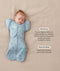 Baby lying on a beige surface in a blue dragonfly-pattern Cocoon Swaddle Bag paired with a Butterfly Cardi sleeve attachment, featuring product text callouts highlighting hands up sleeping and wash & wear care.