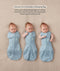 Three side-by-side images showing a baby demonstrating how to transition an ergoPouch Cocoon Swaddle Bag into an arms-out sleeping bag.