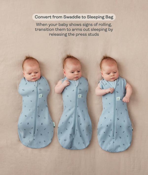 Three side-by-side images showing a baby demonstrating how to transition an ergoPouch Cocoon Swaddle Bag into an arms-out sleeping bag.