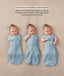 Three side-by-side images showing a baby demonstrating how to transition an ergoPouch Cocoon Swaddle Bag into an arms-out sleeping bag.