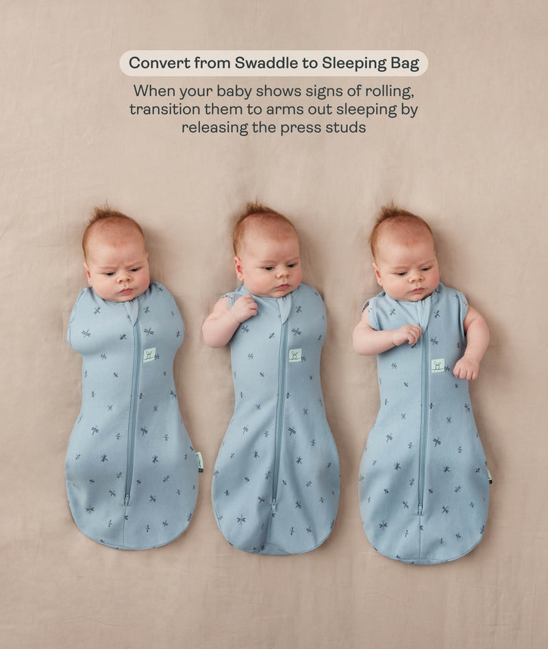 Three side-by-side images showing a baby demonstrating how to transition an ergoPouch Cocoon Swaddle Bag into an arms-out sleeping bag.