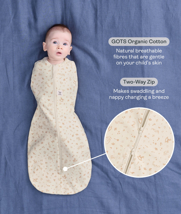 Baby lying on a blue sheet background, swaddled in an ergoPouch Cocoon Swaddle Bag  with text highlighting organic cotton and two-way zip features.