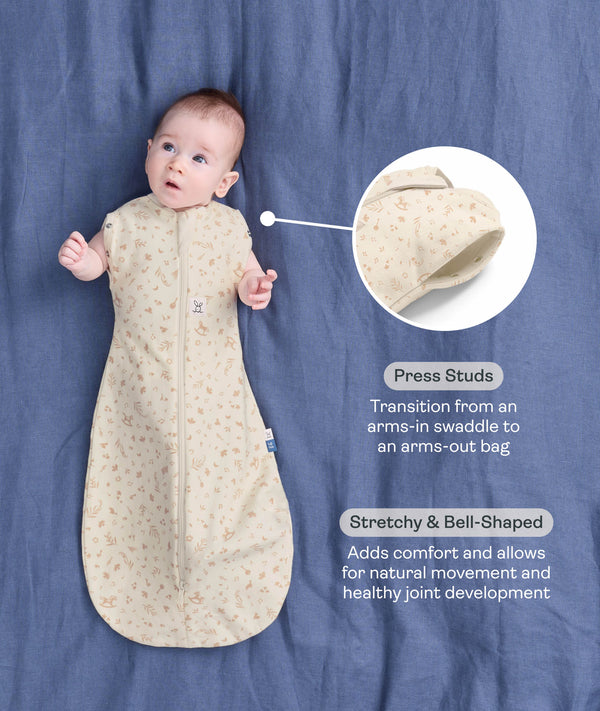 Baby lying on a blue sheet background, wearing a patterned Cocoon Swaddle Bag with callouts highlighting 