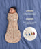 Sleeping baby in a Cocoon Swaddle Bag with text callouts highlighting swaddling benefit and TOG rating feature.