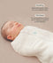 Close-up view of a sleeping baby being swaddled in an ergoPouch Cocoon Swaddle Back Oatmeal Marle with text highlighting swaddling benefit and TOG rating feature.