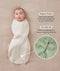 Baby lying on a beige surface wrapped in a Cocoon Swaddle Bag with text highlighting organic cotton fabric and two-way zip feature and a close-up inset of the dual zippers. 