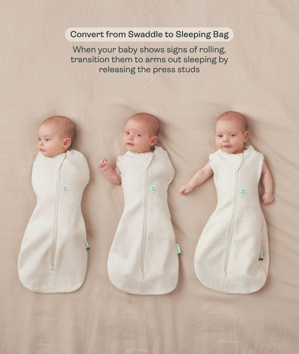 Three side-by-side images showing a baby demonstrating how to transition an ergoPouch Cocoon swaddle Bag into an arms-out Sleep Bag.