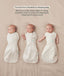 Three side-by-side images showing a baby demonstrating how to transition an ergoPouch Cocoon swaddle Bag into an arms-out Sleep Bag.