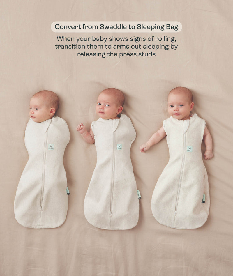 Three side-by-side images showing a baby demonstrating how to transition an ergoPouch Cocoon swaddle Bag into an arms-out Sleep Bag.