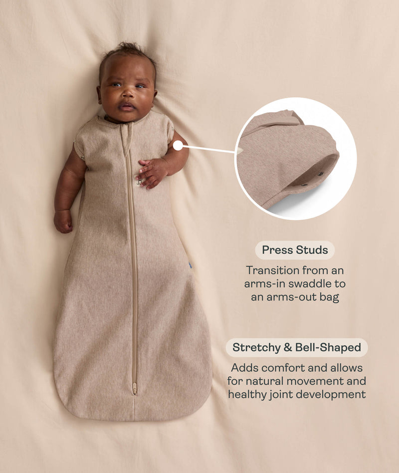 Baby lying on a cream blanket, wearing an ergoPouch Cocoon Swaddle Bag with both arms out. On the right, two feature callouts highlighting 