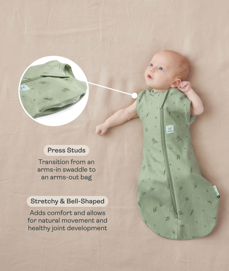 Baby lying on a beige surface in a green patterned swaddle bag with arms out, featuring callout text highlighting press studs and a bell-shaped design.