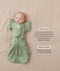Baby lying on a beige surface in a green patterned swaddle bag paired with a matching Butterfly Cardi sleeve attachment, featuring product text callouts highlighting hands up sleeping and wash and wear care.