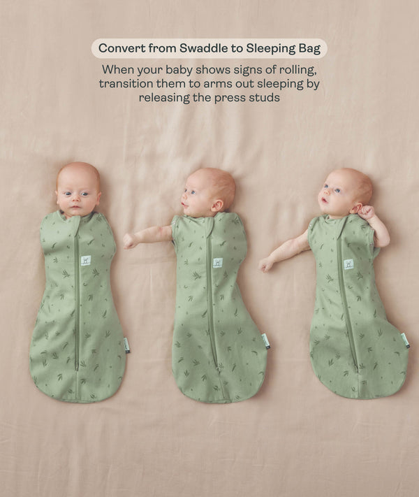 Three side-by-side images showing a baby demonstrating how to transition a Cocoon Swaddle Bag into an arms-out Sleep Bag.