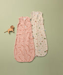 Flat lay of ergoPouch Sleeping Bags in Elephant Parade and Savannah