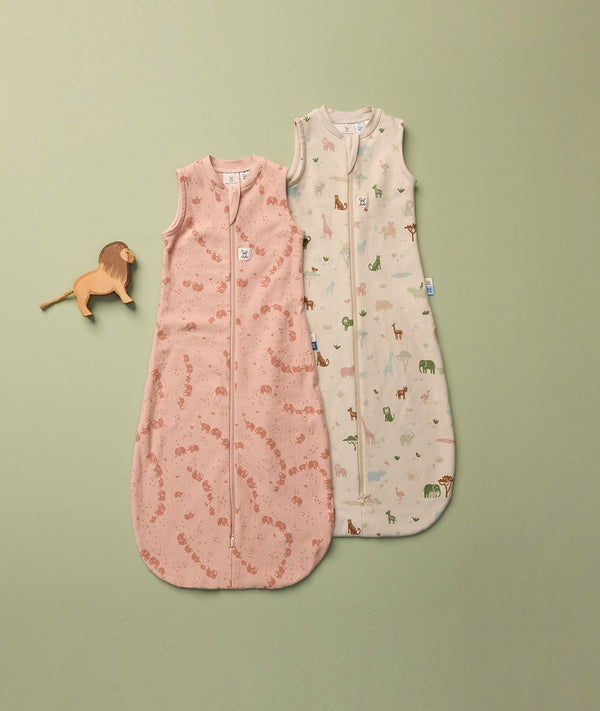 Flat lay of ergoPouch Sleeping Bags in Elephant Parade and Savannah