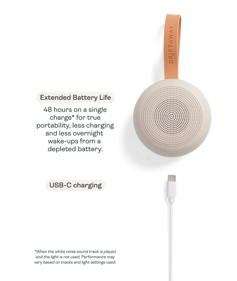 A beige, circular Drift Away White Noise Machine with a tan carrying strap is positioned above a white charging cable against a white background. Text overlay highlights 