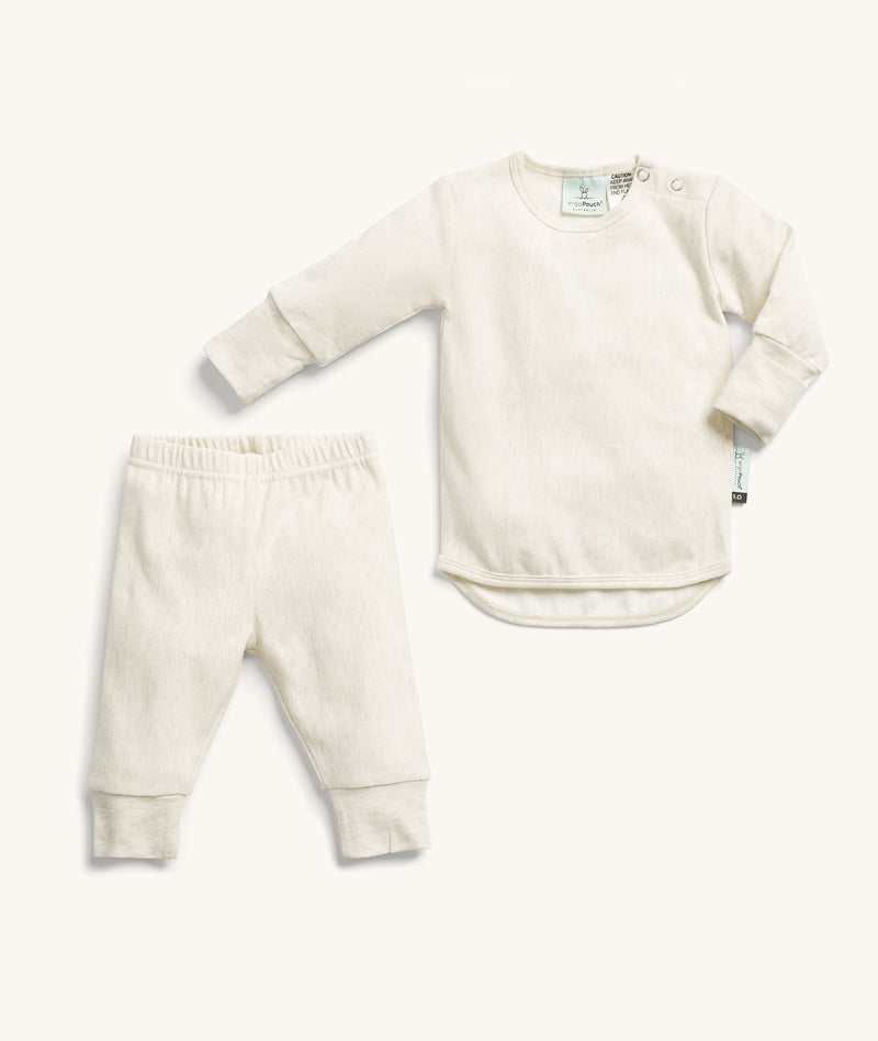 ergoPouch Two-piece Long Sleeve Baby Pyjamas in Oatmeal Marle, featuring press stud on the shoulder