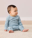 Baby is sitting on a rug, wearing light blue long-sleeve pyjamas featuring an all-over dragonfly print and a press stud opening on the shoulder.