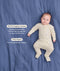 Baby lying on a blue blanket wearing a cream patterned Long Sleeve Layer with text highlighting GOTS Organic Cotton and TOG Ratings.