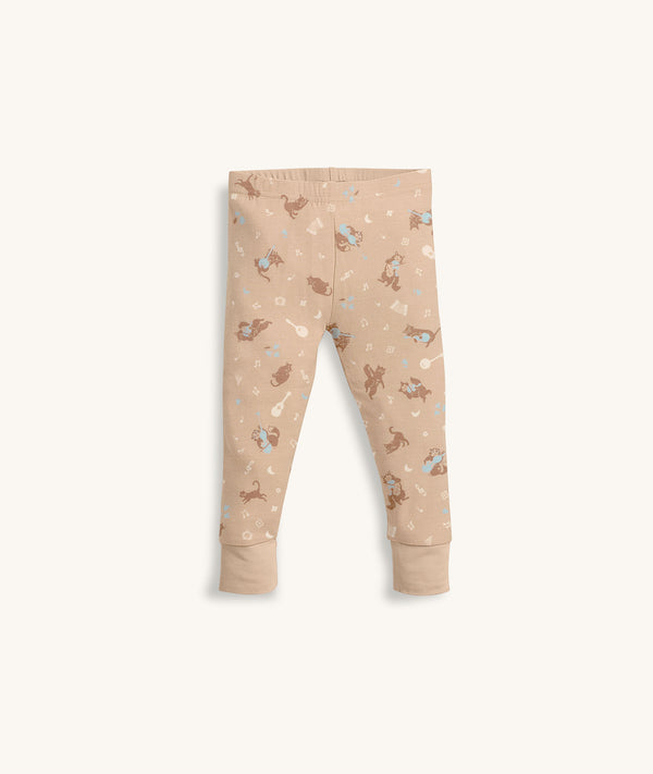 Beige patterned pyjama pants with ankle cuffs.