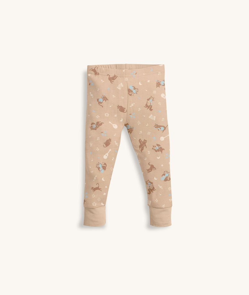 Beige patterned pyjama pants with ankle cuffs.