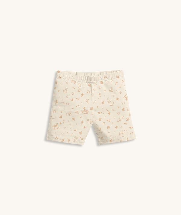 Cream patterned pyjama shorts featuring elastic waist.