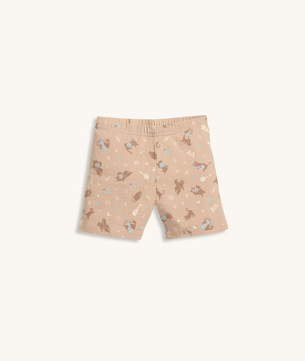 Beige patterned pyjama shorts featuring elastic waistband.