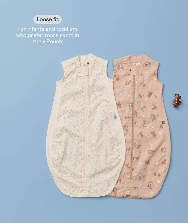 Flatlay of Premium Sleeping Bags in Lullaby and Melody with text highlighting its loose fit design perfect for infants and toddlers.