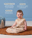 Baby sitting upright wearing a Premium Sleeping Bag with callouts highlighting 