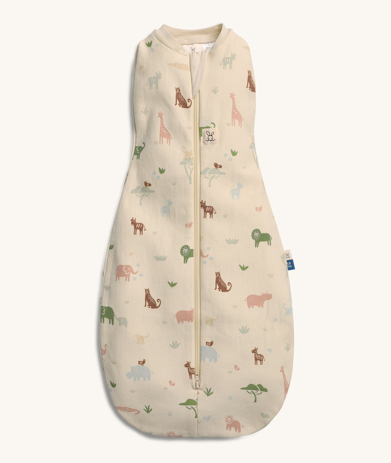 eroPouch Cocoon Swaddle Bag 1.0 TOG Savannah, featuring Safari animal prints and a front zipper.